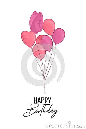 Happy Birthday greeting card with pink balloons. Vector illustration. Fashion sketch for birth party, typography Vector Illustration