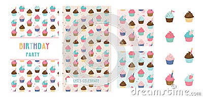 Happy birthday greeting card set and party invitation templates, with ice cream, donut and muffin patterns. birthdy Vector Illustration