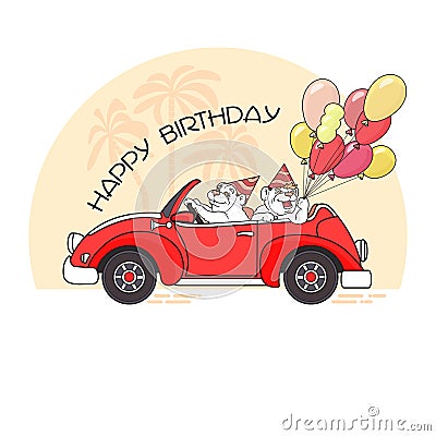 Happy birthday greeting card with two bears in car. Vector. Vector Illustration