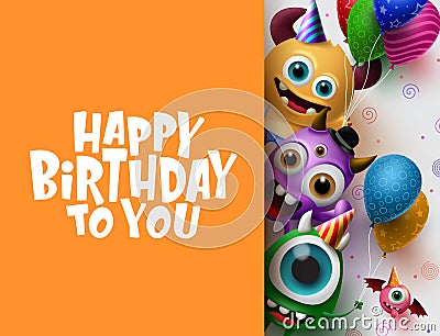 Happy Birthday greeting card vector background template. Cute little monster characters Vector Illustration