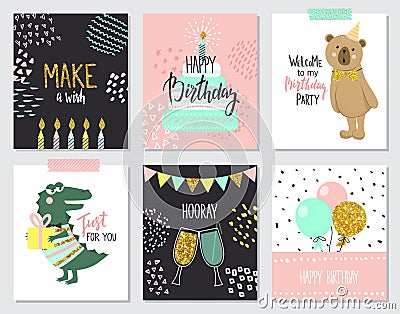 Happy birthday greeting cards and party invitation templates, illustration. Hand drawn style. Cartoon Illustration