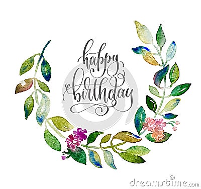 happy birthday greeting cart with handmade circle wreath waterco Vector Illustration