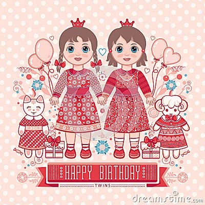 Happy birthday - greetings card for girl. Vector Illustration