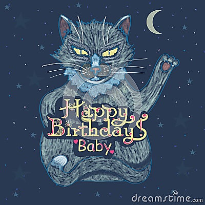 Happy Birthday! Hand inscription lettering with a beautiful cat Vector Illustration