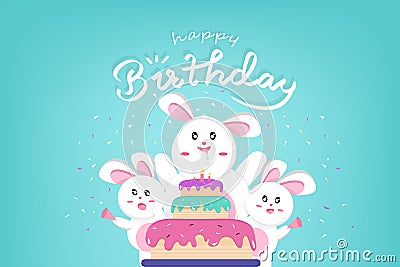 Happy Birthday and Happy Easter, cute rabbit with big cake, confetti celebrate party, Kawaii style, animals cartoon characters Vector Illustration