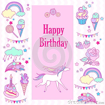 Happy birthday holiday card with flags, rose, unicorn, sweets, strawberry, cloud, fireworks, stars and rainbow Vector Illustration