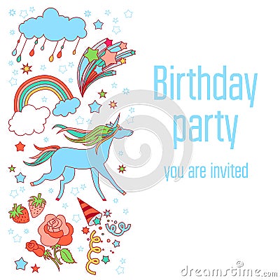 Happy birthday holiday card with stars, fireworks, unicorn, cloud, and rainbow on white background Vector Illustration