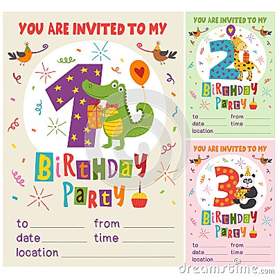 Happy Birthday invitation card template with funny animals from 1 to 3 Vector Illustration