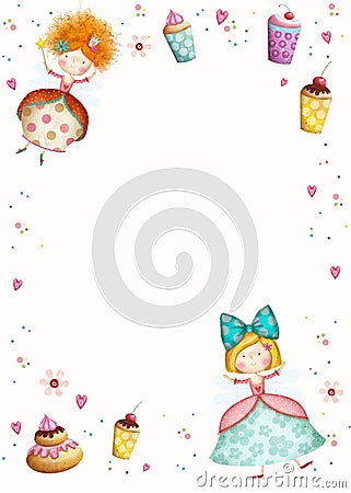 Happy Birthday Invitation.Party invitation.Cute small princesses with cupcakes flowers, hearts. Stock Photo