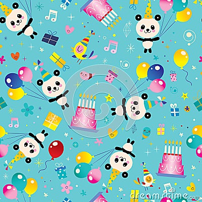Happy Birthday kids seamless pattern with cute panda bears Vector Illustration