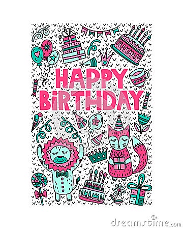 Happy Birthday! Lettering and doodles Vector Illustration
