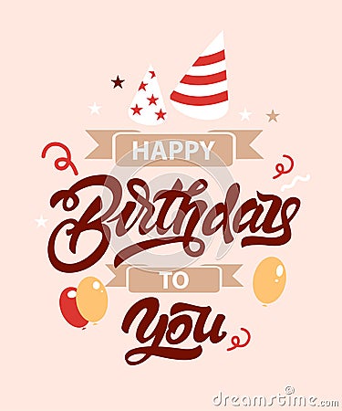 Happy Birthday. Lettering illustration with balloons, stars and ribbon. Hand drawn invitation T-shirt print design. Handwritten Cartoon Illustration
