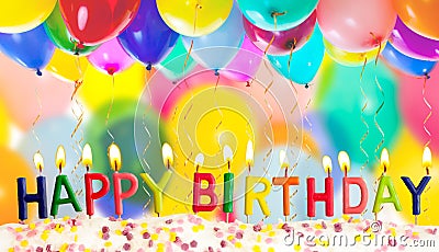 Happy birthday lit candles on colorful balloons Stock Photo