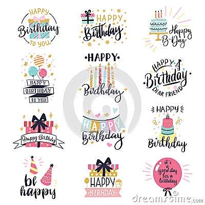 Happy birthday logo badge. Greeting lettering, cake, balloons and candle birthday greeting card decoration design vector Vector Illustration
