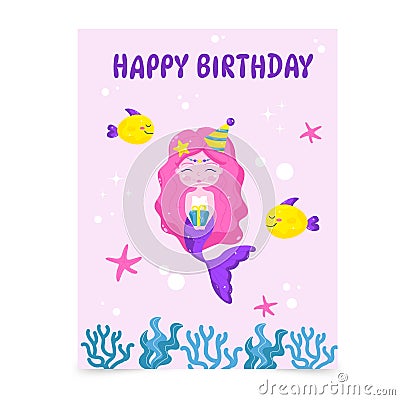 Happy birthday mermaid with a gift. Vector Vector Illustration