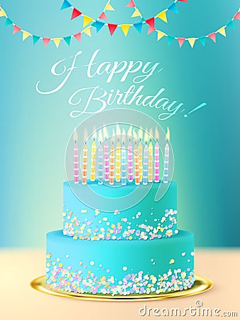 Happy Birthday Message With Realistic Cake Vector Illustration