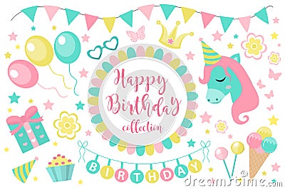 Happy birthday modern cute icons set, cartoon flat style. Party collection of design elements with unicorn, balloons Vector Illustration