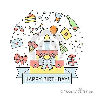 Happy birthday multicolored greeting card with big cake. Outline minimalistic design. Vector Illustration