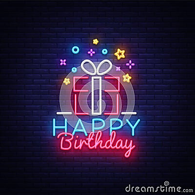 Happy Birthday neon sign vector. Happy Birthday Design template neon sign, Congratulation, celebration light banner Vector Illustration