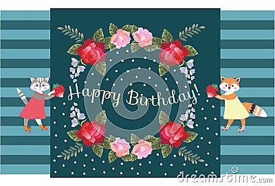 Happy Birthday! Nice card with floral wreath and cute cat and fox with strawberries Vector Illustration