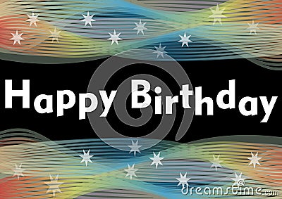 Happy birthday party banner with rainbow horizontal wavy patterns and white transparent stars Vector Illustration