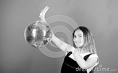 Happy birthday party. disco dancing. celebrating the holiday. girl with disco ball. christmas holiday. event manager Stock Photo