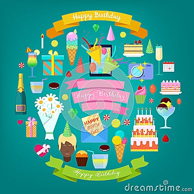 Happy Birthday Party Elements Set with Cake, Balloons and Decoration Vector Illustration