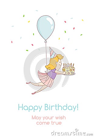 Happy birthday party greeting card invitation funny girl character flying with balloon and birthday cake with candles. Line flat Cartoon Illustration