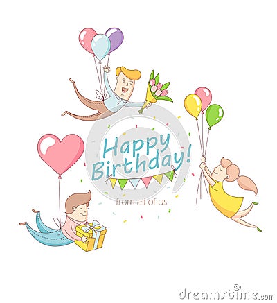 Happy birthday party greeting card invitation funny people characters flying with baloons, presents, flowers. Line flat design Cartoon Illustration