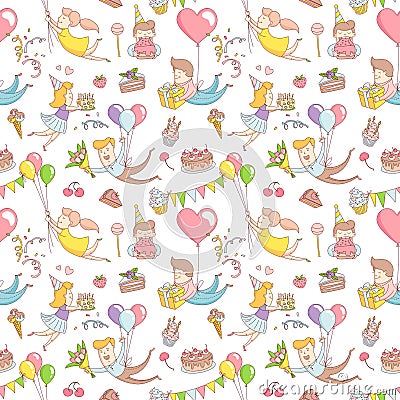 Happy birthday party greeting seamless pattern funny people char Cartoon Illustration