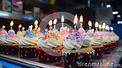 Happy Birthday! Pastel cupcakes with candles. Birth day celebrations. Generative AI Stock Photo