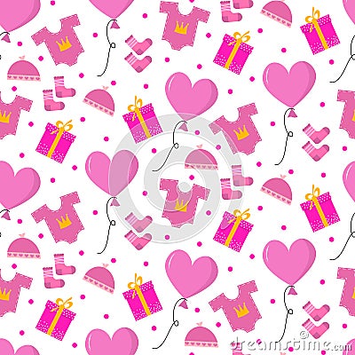 Happy birthday pattern for a girl. Balloons, dress, gift box. Vector illustration. Vector Illustration