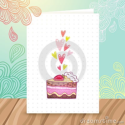 Happy Birthday postcard template with cake Vector Illustration