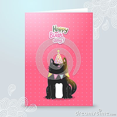 Happy Birthday postcard template with a cat. Vector Illustration