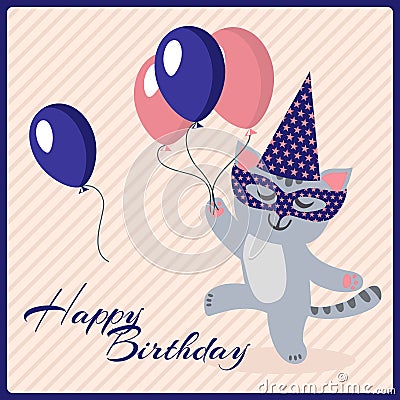 Happy birthday postcard template with cute masquerade cat Vector Illustration