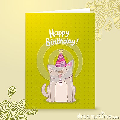 Happy Birthday postcard template with a dog. Vector Illustration