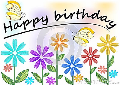 Happy Birthday Poster With Colorful Flowers And Butterflies Stock ...