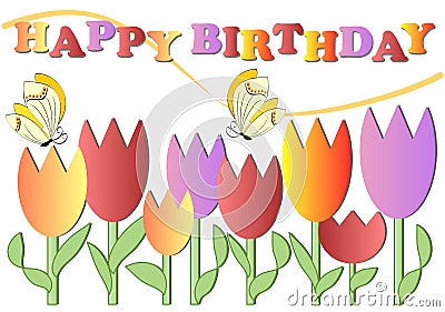 Happy birthday poster with colorful flowers and butterflies, eps 10 vector Vector Illustration