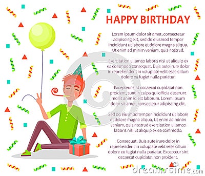 Happy Birthday Poster, Man Sitting with Party Horn Vector Illustration