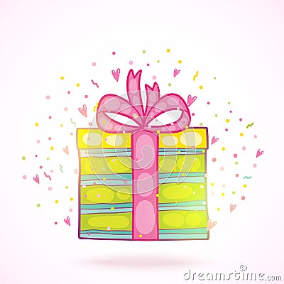 Happy Birthday present gift box with confetti. Vector Illustration