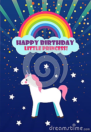 Happy Birthday, Princess Congratulation, Unicorn Vector Illustration