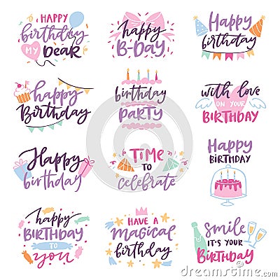 Happy birthday quote anniversary text sign kids birth lettering type with calligraphy letters or textual font for Cartoon Illustration