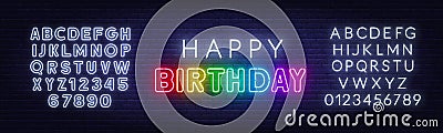 Happy birthday rainbow neon sign on a brick wall. Vector Illustration