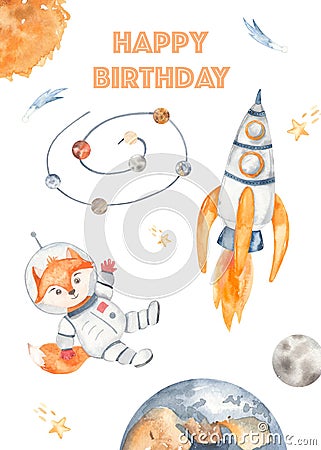 Watercolor card cosmos happy birthday with rocket, little astronaut, earth, stars, comets Stock Photo