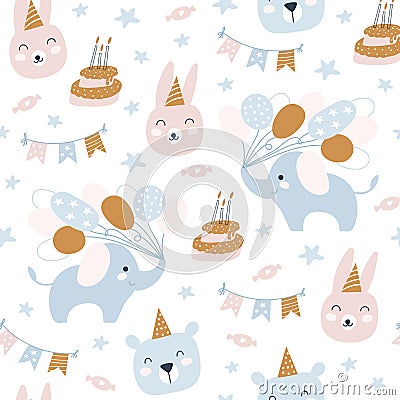 Happy Birthday seamless pattern. Birthday cream cakes, animals. Holiday for children. Vector Vector Illustration