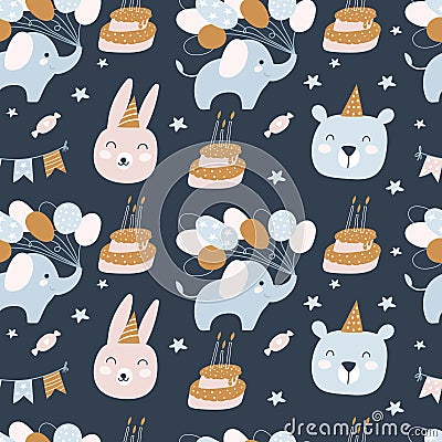 Happy Birthday seamless pattern. Birthday cream cakes, animals. Holiday for children. Vector Vector Illustration