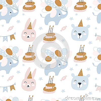 Happy Birthday seamless pattern. Birthday cream cakes, animals. Holiday for children. Vector Vector Illustration