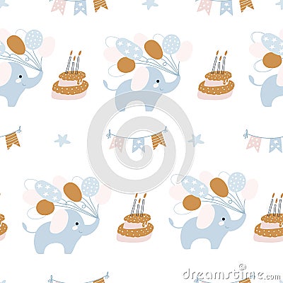 Happy Birthday seamless pattern. Birthday cream cakes, animals. Holiday for children. Vector Vector Illustration