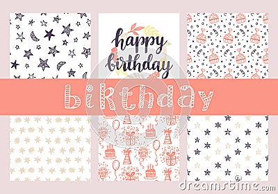Happy Birthday seamless patterns and hand lettering collection Vector Illustration