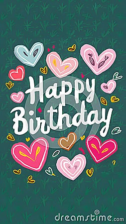 Happy birthday sentiment conveyed card adorned with charming hearts Stock Photo